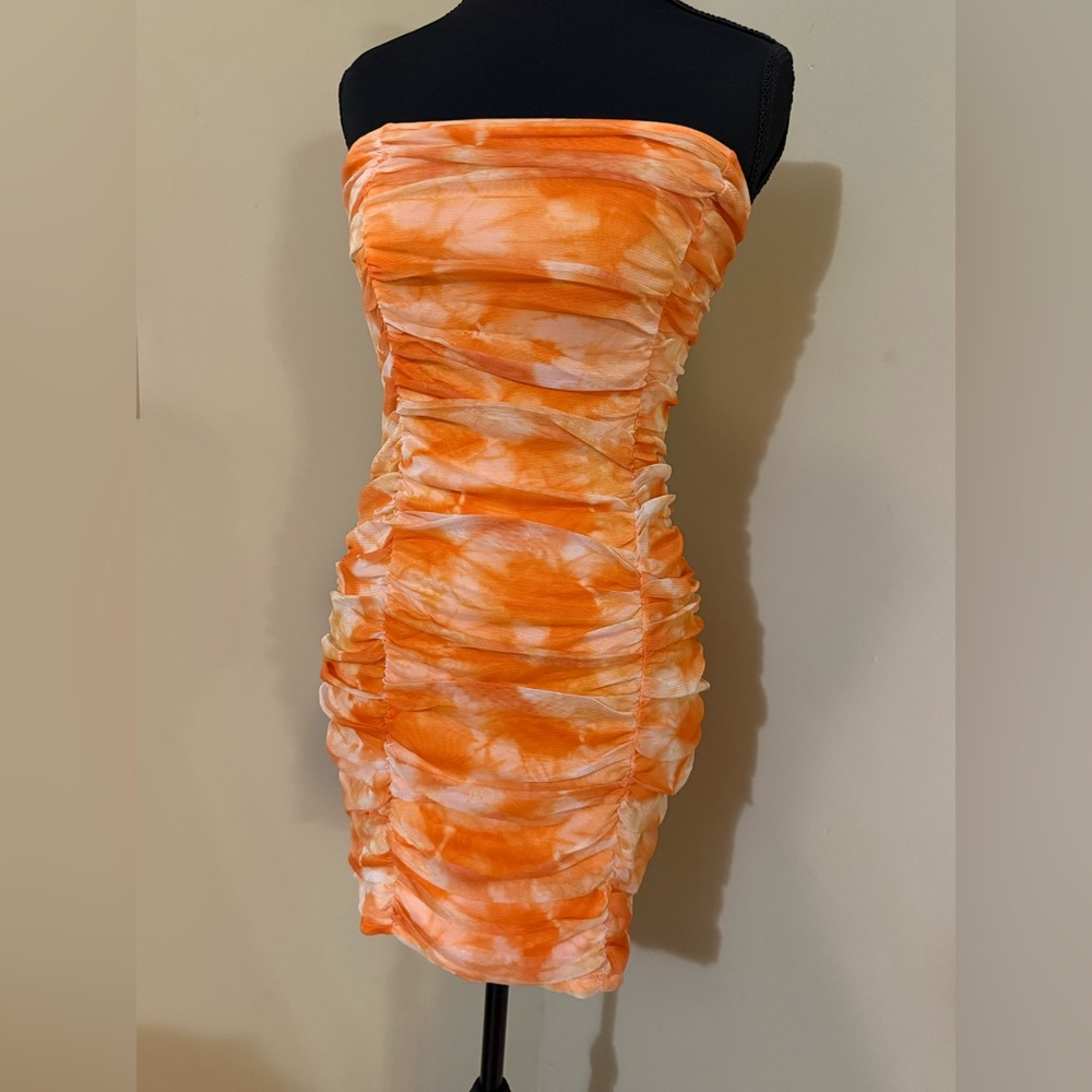 superdown Orange & White Strapless Ruched Mini Dress